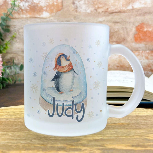 Penguin Snow Globe Christmas Mug Personalised Frosted Glass Secret Santa Gift XMAS Stocking Filler