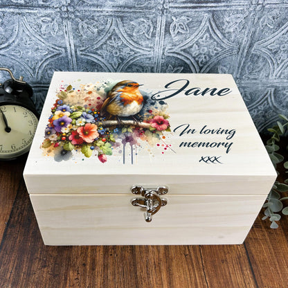 Robin Watercolour Illustration Personalised Wooden Memory Box - Bereavement Gift