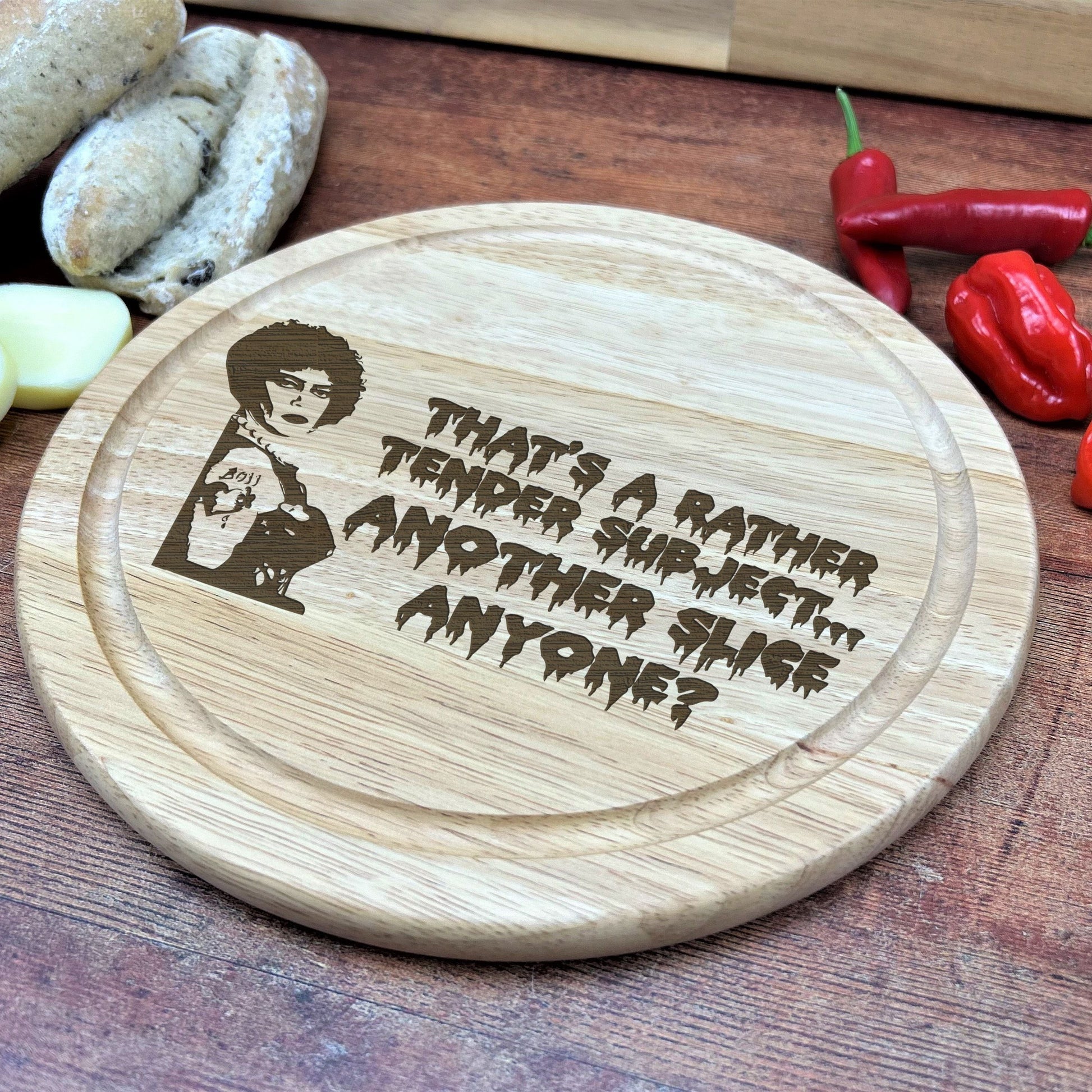 a wooden cutting board with a picture of a woman on it