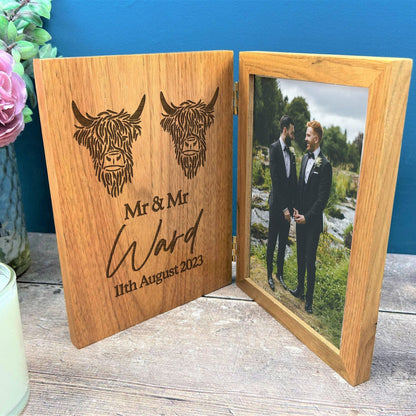 Mr & Mr Highland Cow Design Personalised Oak Photo Frame - LGBTQ Wedding Gift
