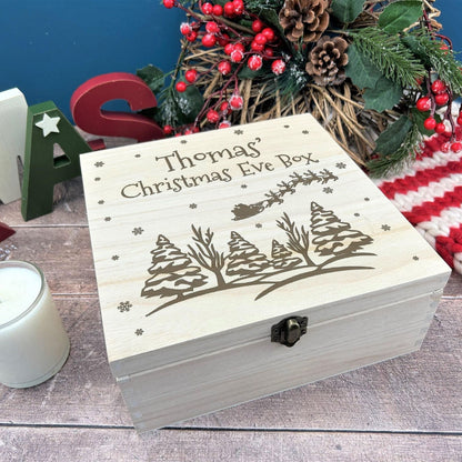 Snowy Tree Silhouette Wooden Christmas Eve Treat Box