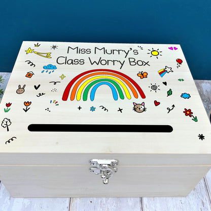 Colourful Childs Doodle Design Worry Box Personalised Primary School Dropbox