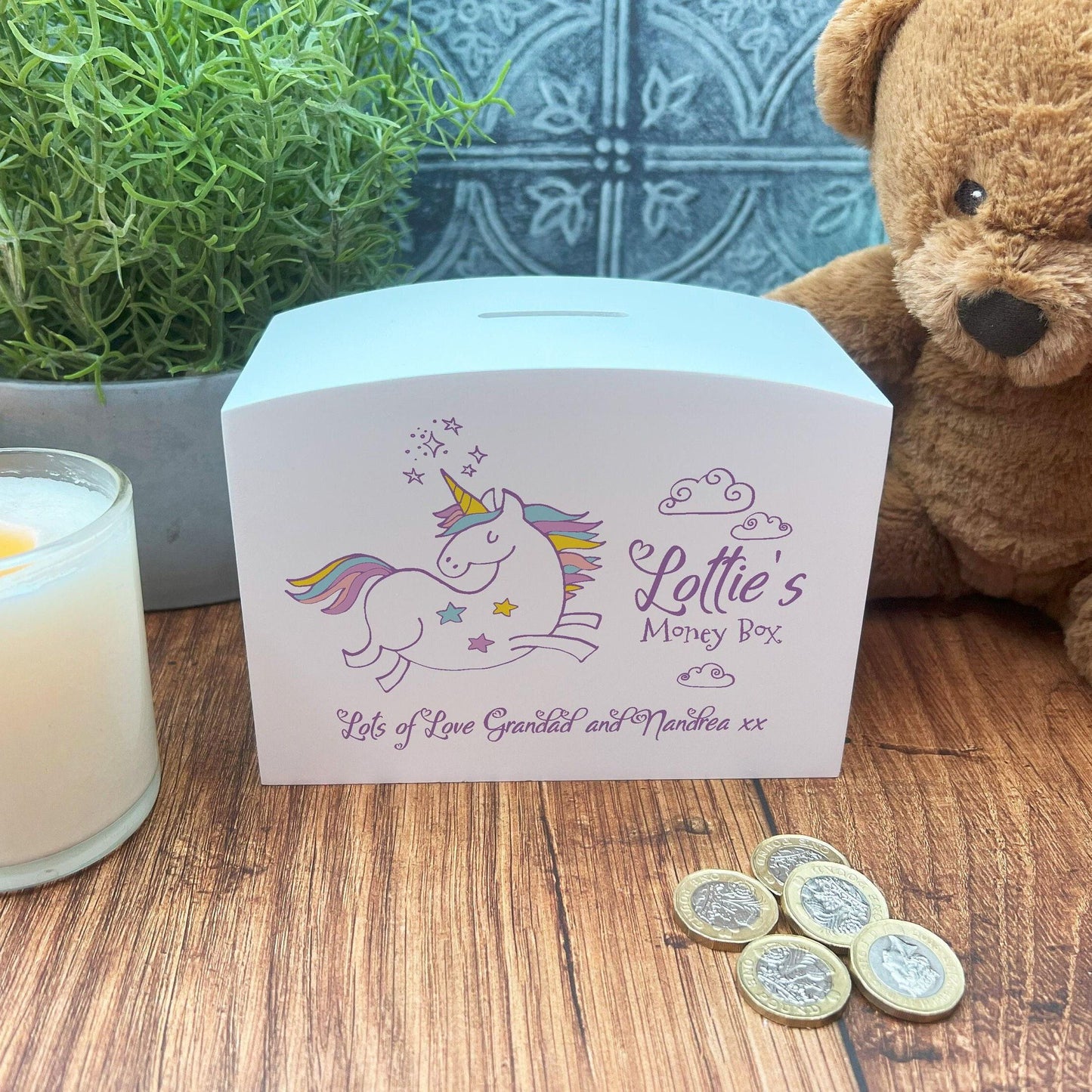Unicorn Wooden Money Box - Colourful Personalised Children's Saving Gift
