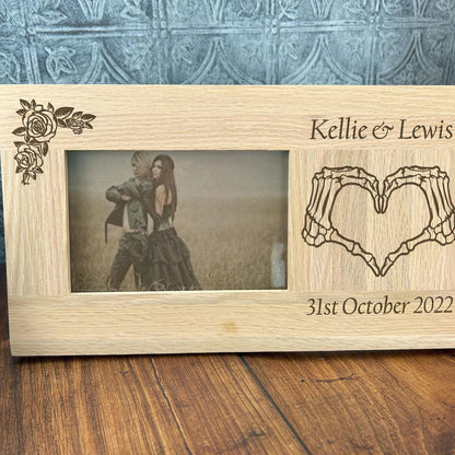 Bone Heart Hands Couple, Wedding, Valentines Anniversary Photo Frame Gift. Personalised Gothic, Goth, Emo, Horror Themed Gift. Solid Oak