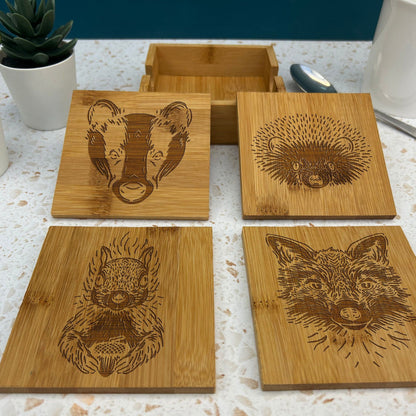 Woodland Animal Cottage Core Engraved Bamboo Coaster Set Home Décor House Warming Christmas Gift Birthday Present