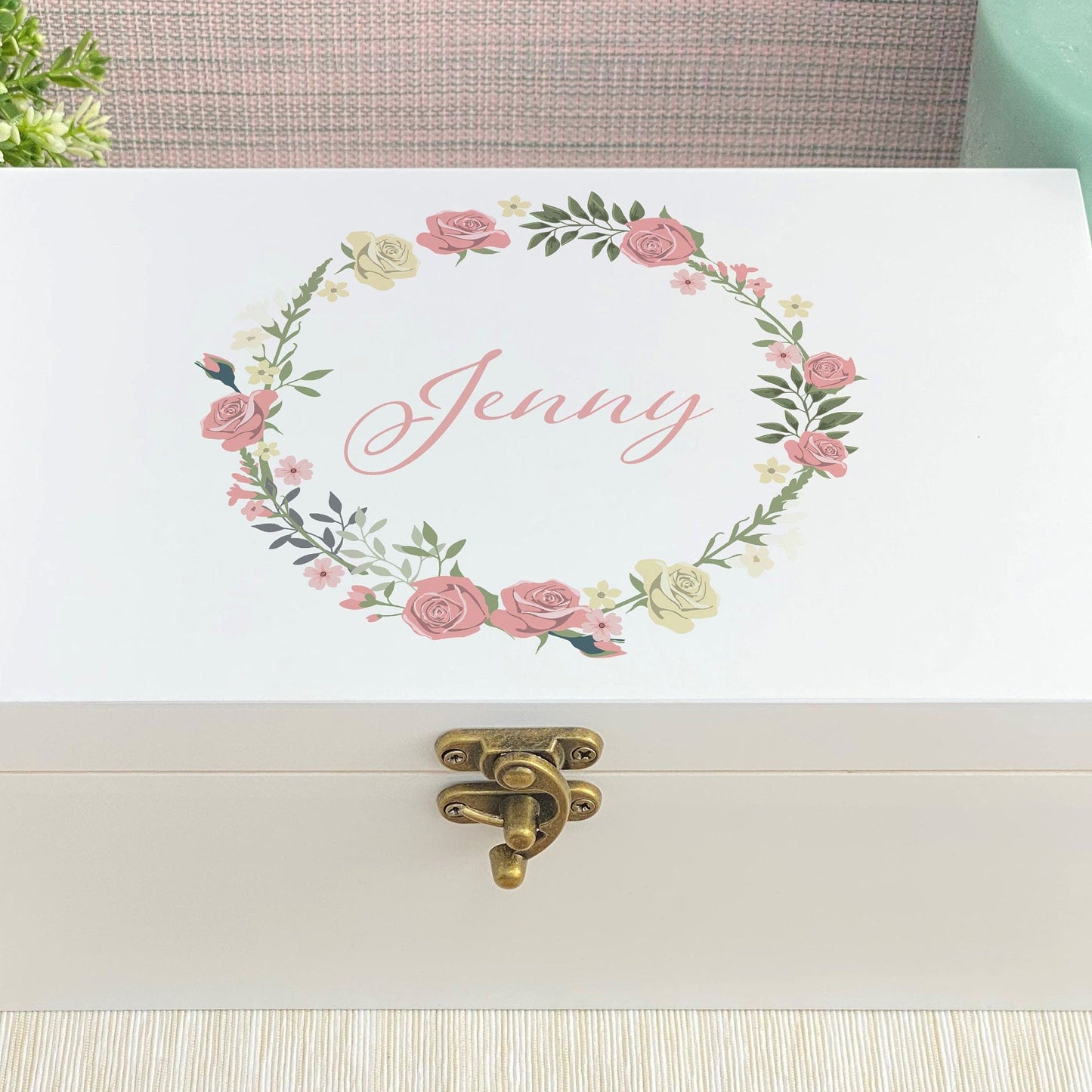 Rose Floral Wreath Personalised Jewellery Trinkets Box - Birthday Gift