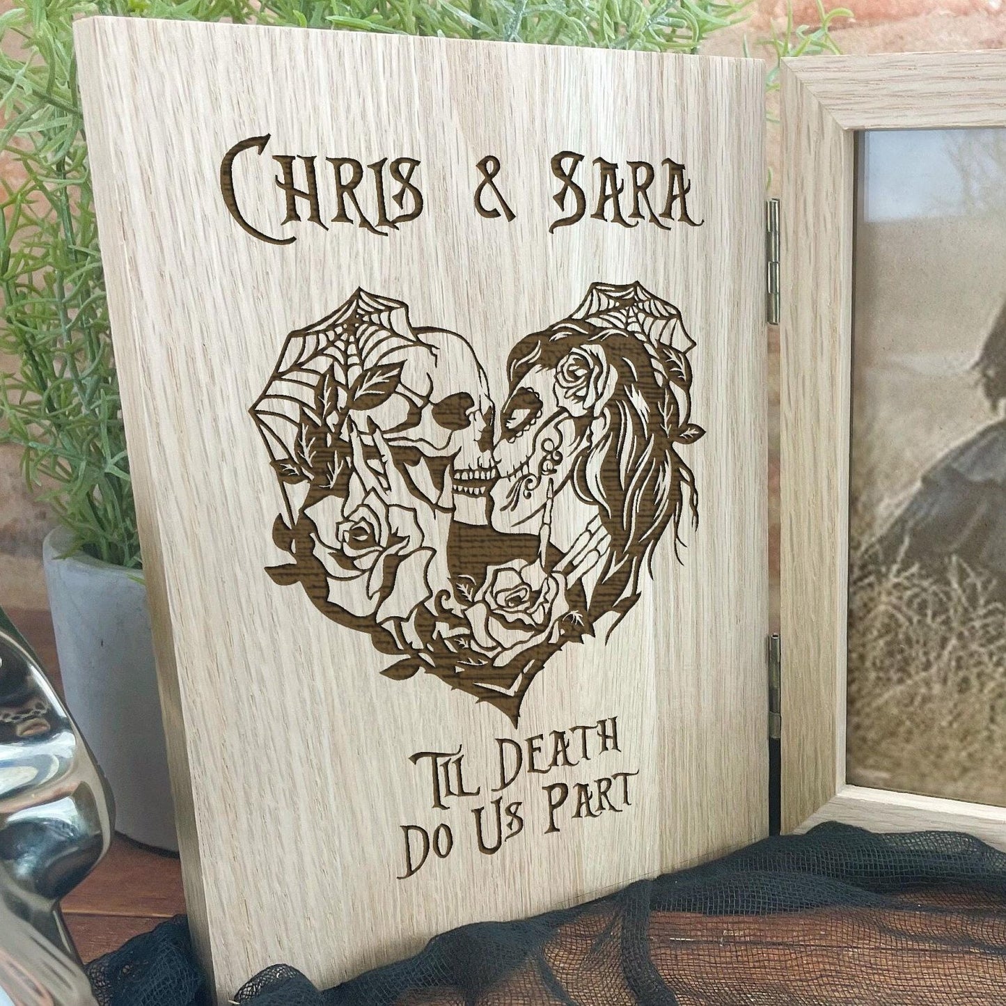 Personalised Sugar Skull Couple, Wedding, Anniversary Photo Frame. 'Til Death Do Us Part'  Gothic, Goth, Emo, Horror Themed Gift. Solid Oak