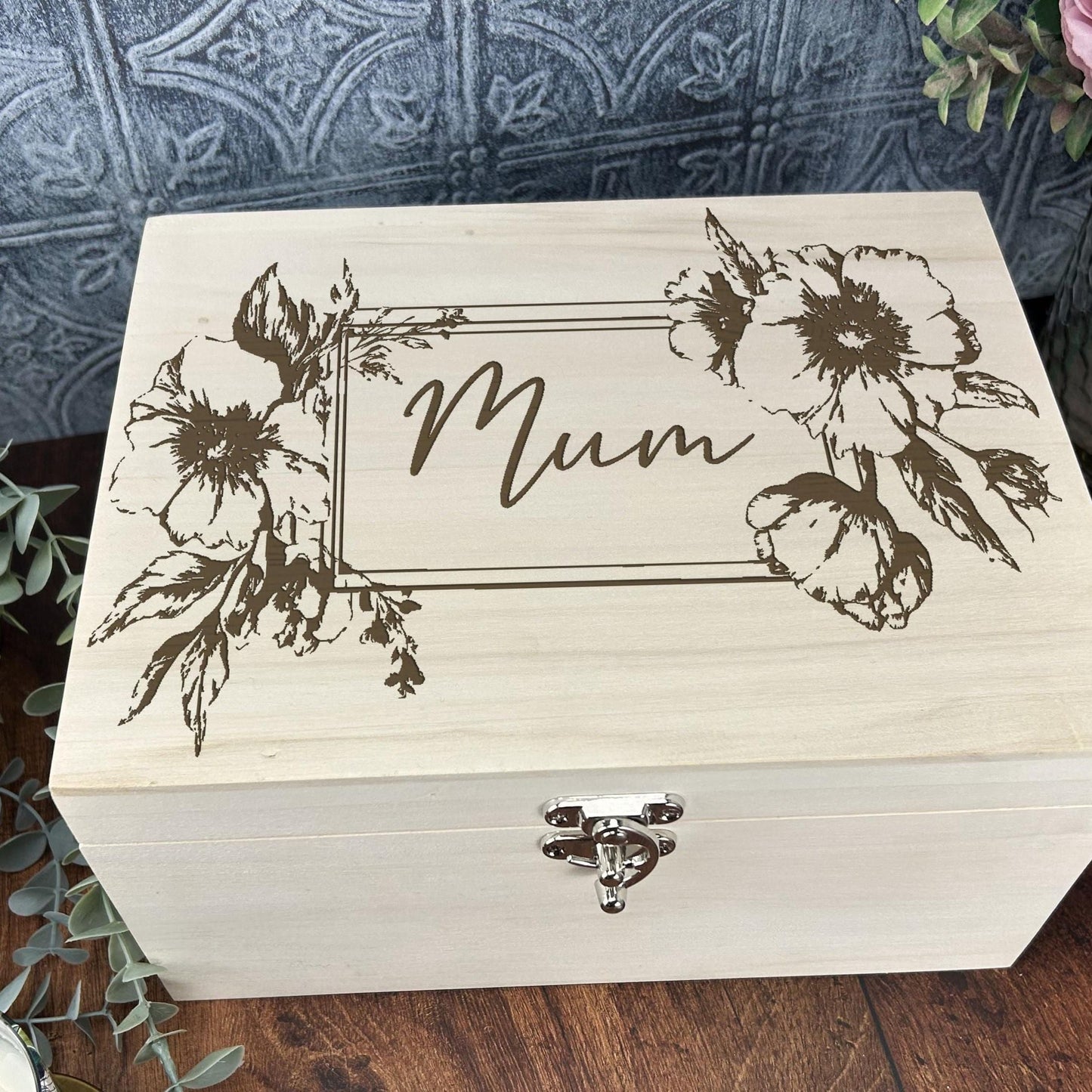 Floral Engraved Personalised Luxury Deep Wooden Memory Keepsake Box
