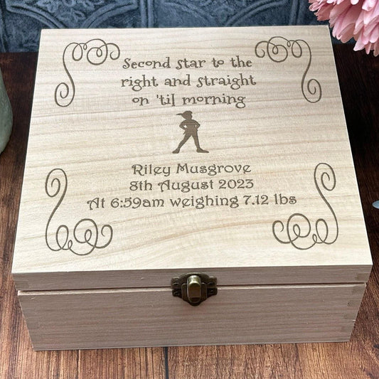 Peter Pan Quote Wooden Memory Keepsake Box - Personalised Christening / New Baby Gift
