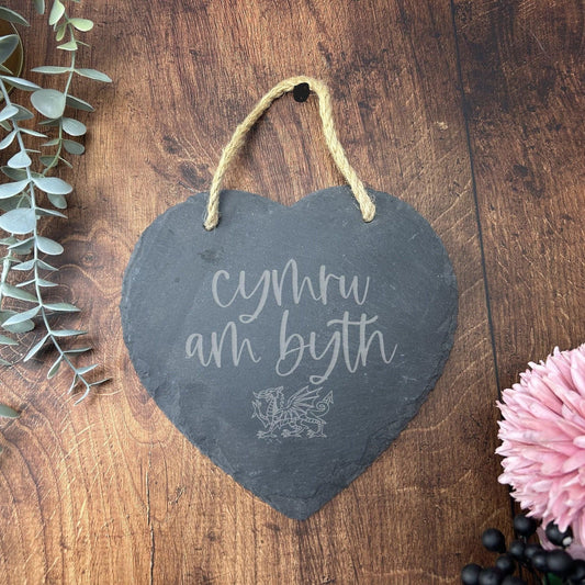 Cymru Am Byth Wales For Ever Slogan Dragon - Slate Heart Plaque