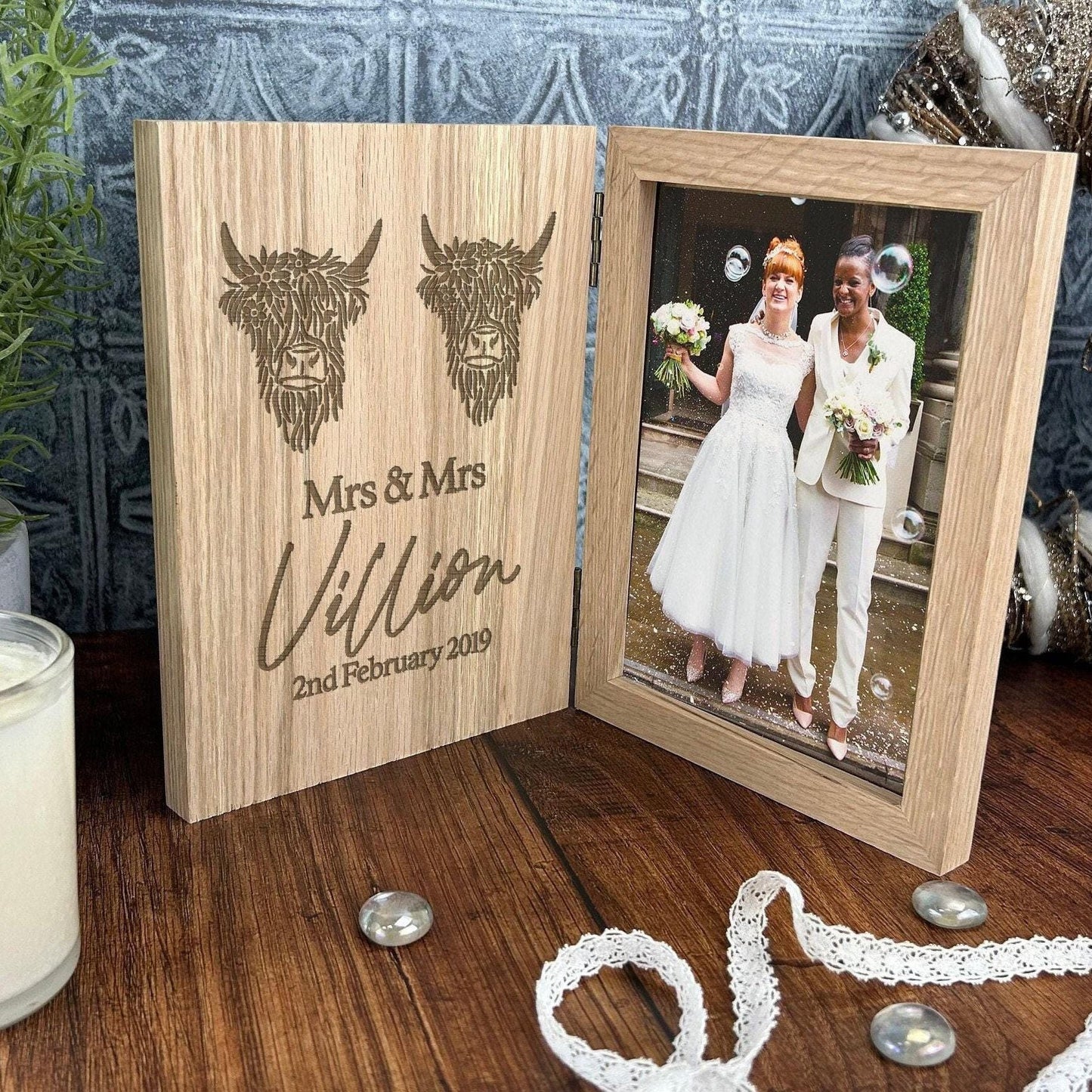 Mrs & Mrs Highland Cow Design Personalised Oak Photo Frame - LGBTQ Wedding Gift