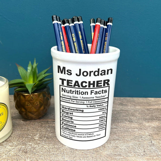 Nutrition Label Teacher End of Term School Thank You Pen Pencil Pot Personalised Gift