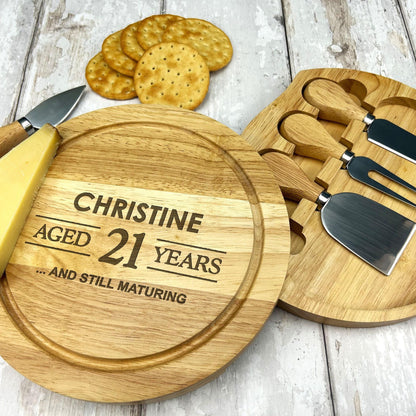Still Maturing Birthday Cheese Board Set with Utensils - Wooden Engraved Personalised Charcuterie Gift