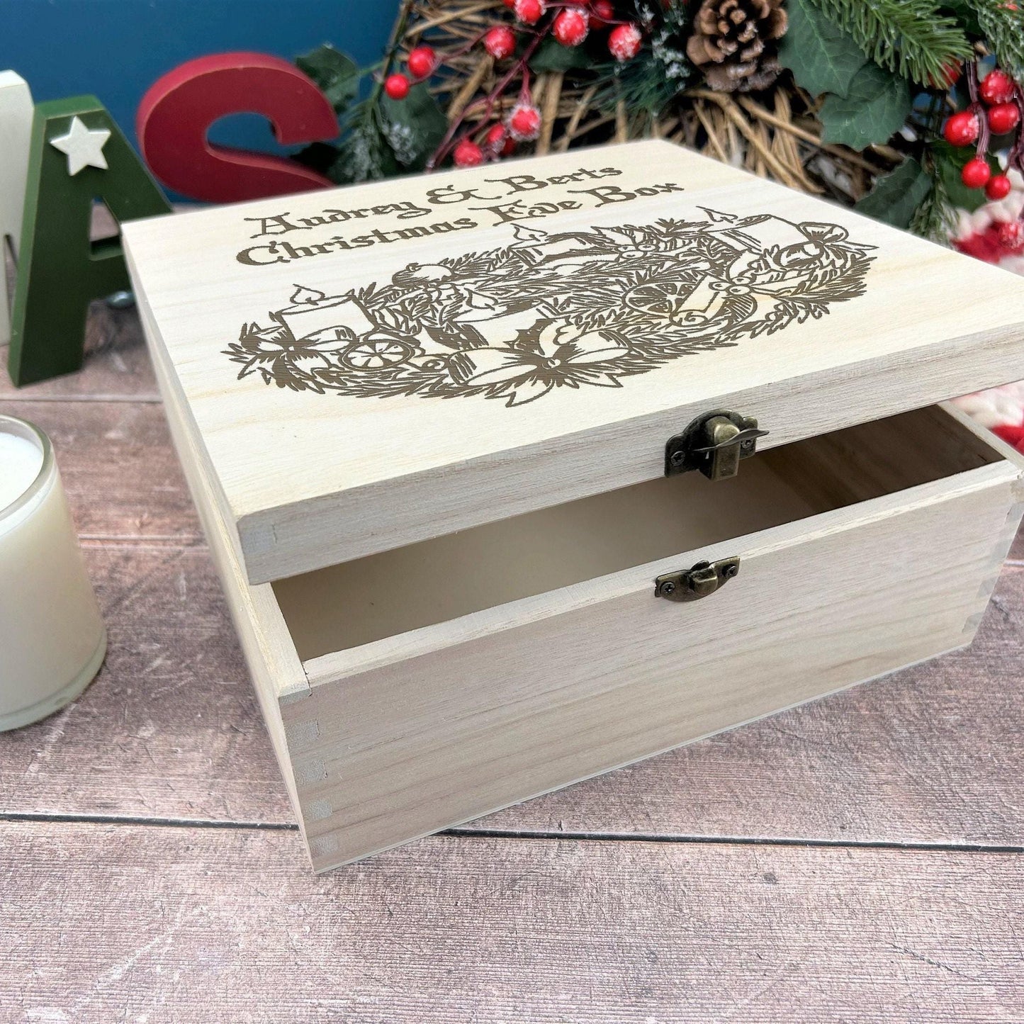 Wreath and Candles Victorian Style Wooden Christmas Eve Box Personalised Xmas Treats Gift