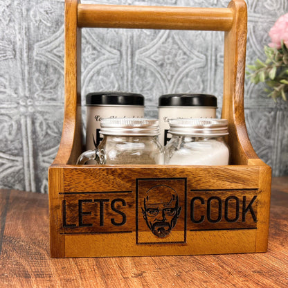 a wooden box filled with jars and a wooden handle
