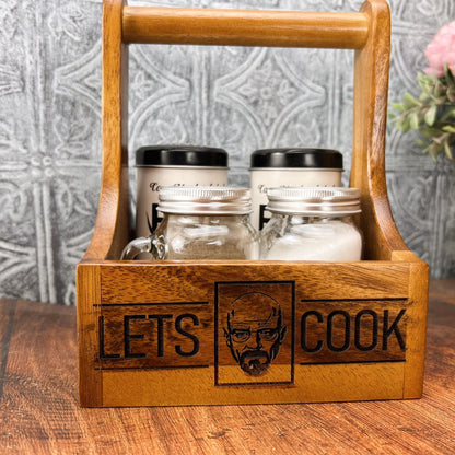 a wooden box filled with jars and a wooden handle