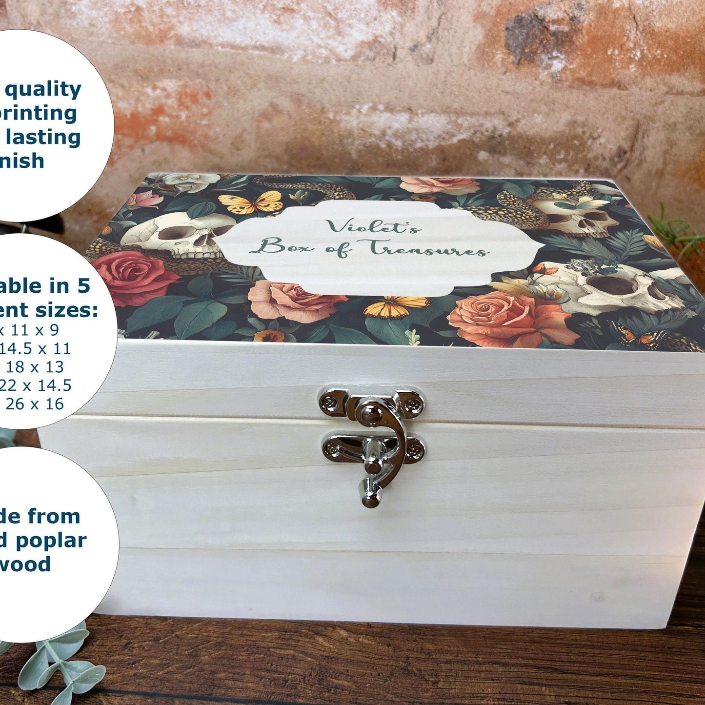 Gothic Skull & Roses Personalised Memory Box - Trinkets and Keepsakes - Birthday Christmas Gift - Unique Unusual Present