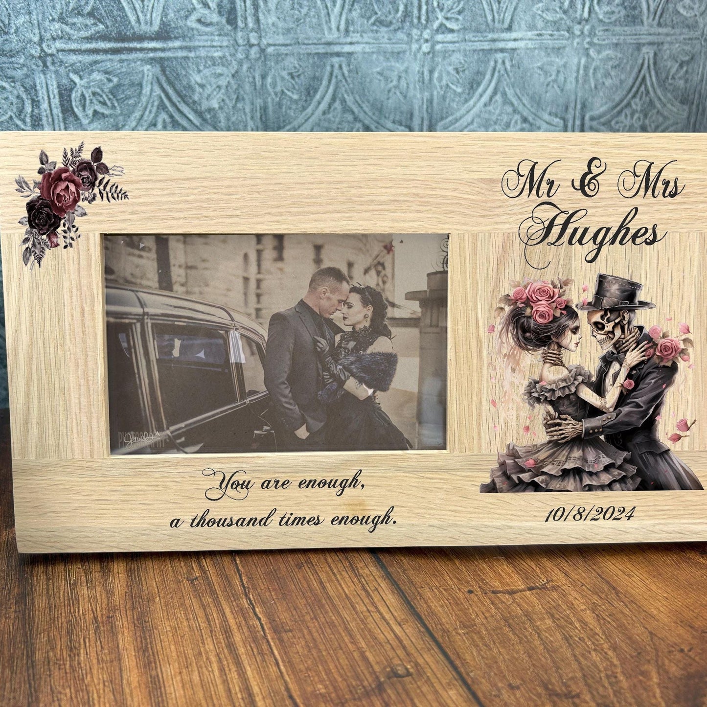 Skull Couple, Wedding, Anniversary Photo Frame Personalised Gothic, Goth, Emo, Horror Themed Gift. Solid Oak UV Colour Printed.