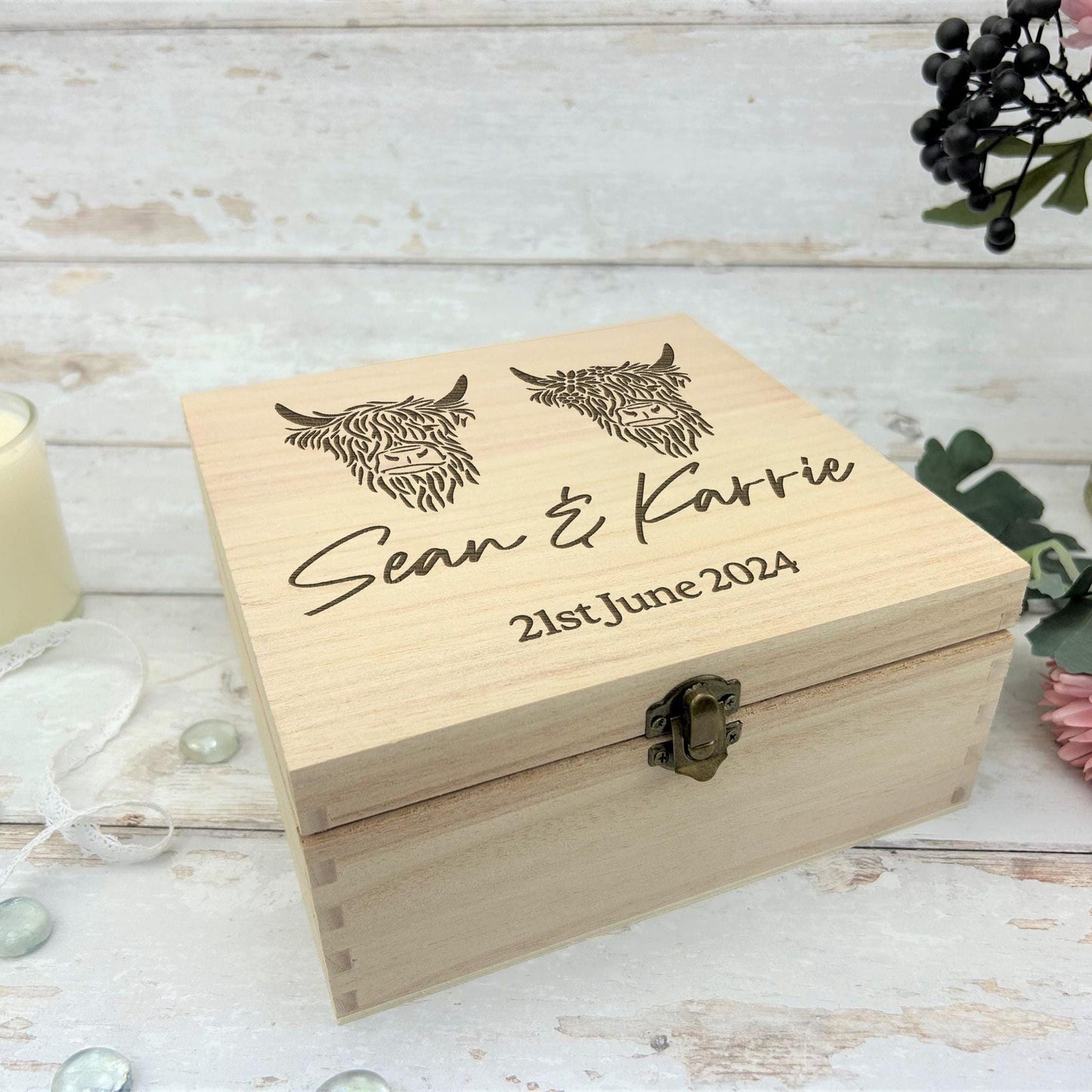 Mr & Mrs Highland Cow Personalised Wooden Memory Keepsake Box Wedding Gift
