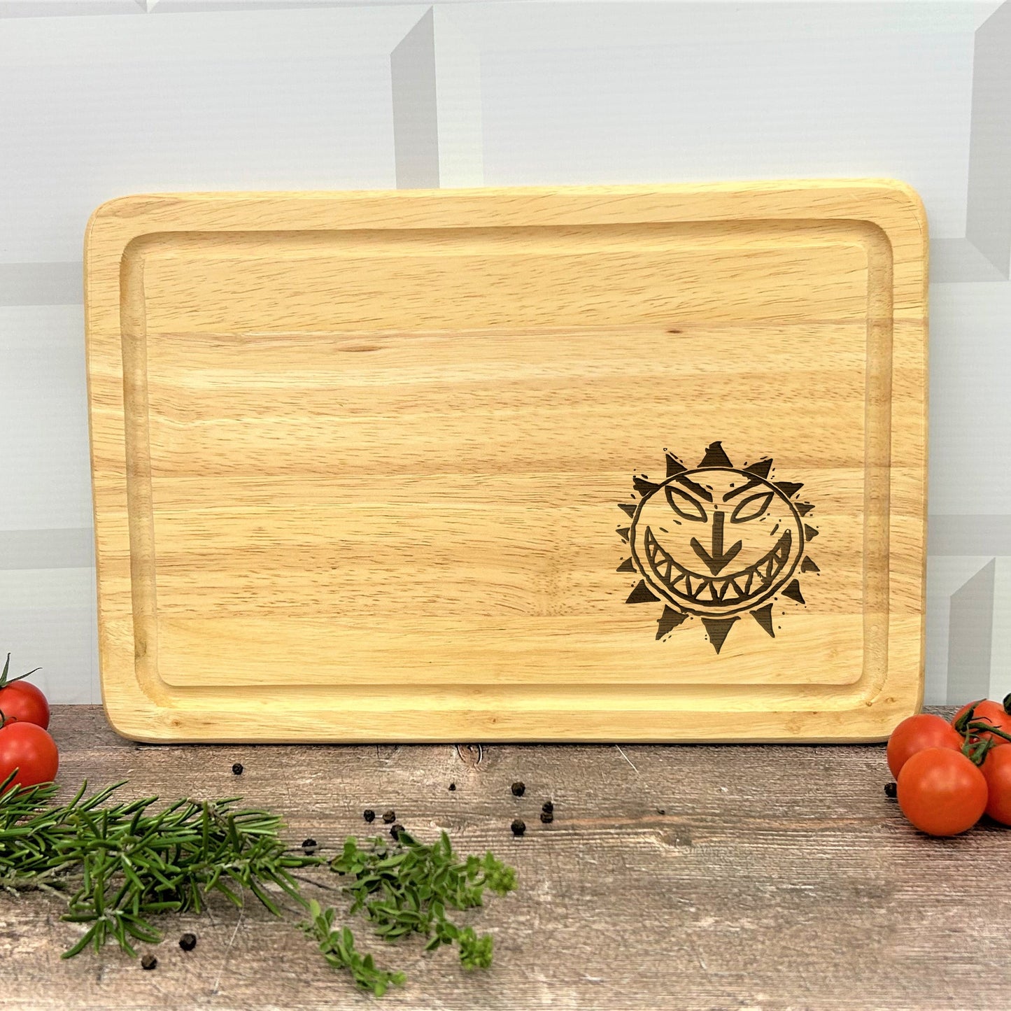 a cutting board with tomatoes and herbs on a table