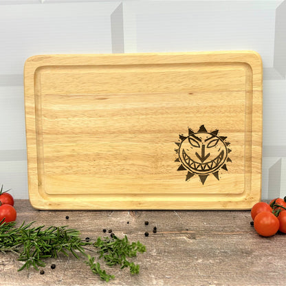 a cutting board with tomatoes and herbs on a table