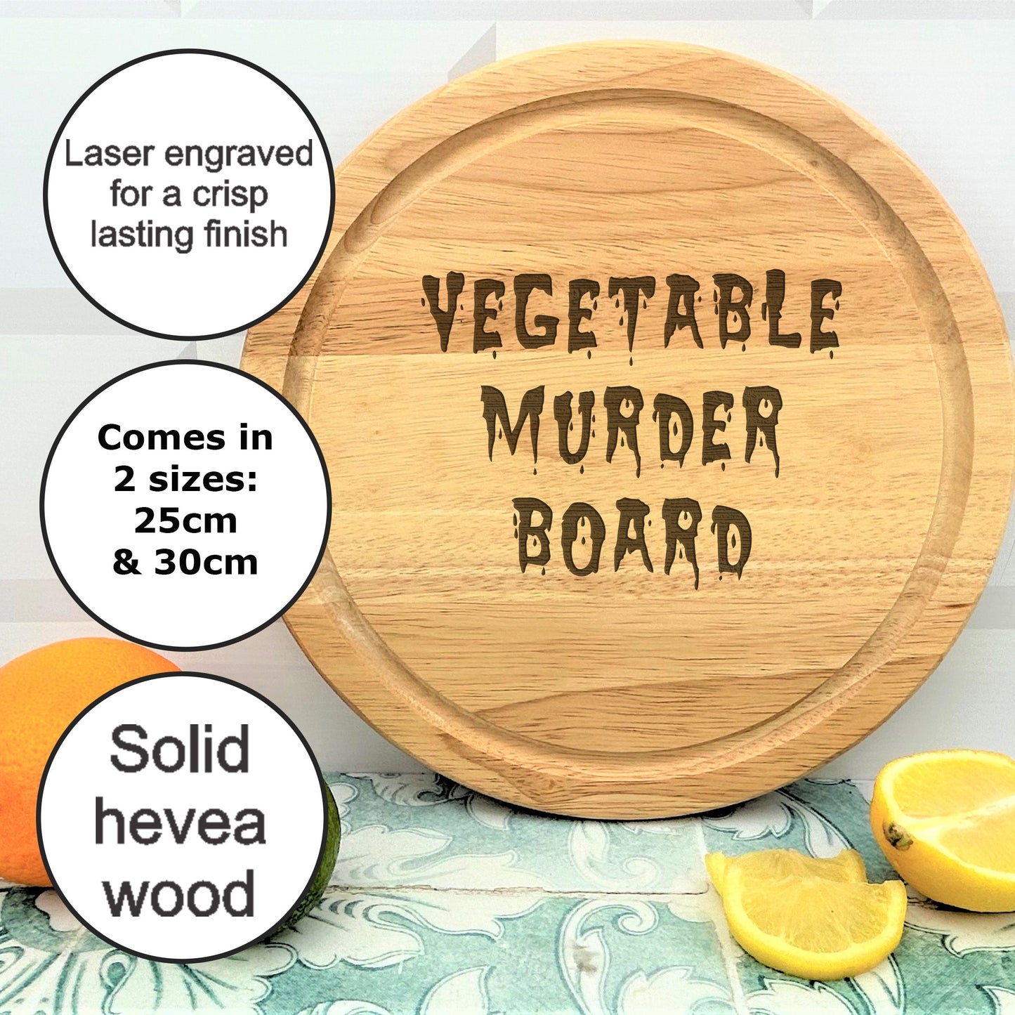 a cutting board with the words vegetable murder board on it