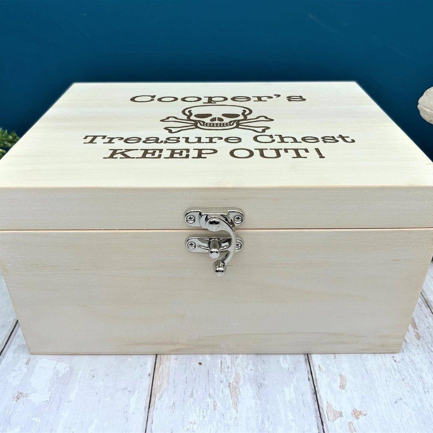 Personalised Pirate Treasure Box Skull & Crossbones Wooden Toy Storage - Keepsake Box
