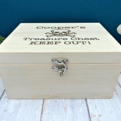 Personalised Pirate Treasure Box Skull & Crossbones Wooden Toy Storage - Keepsake Box