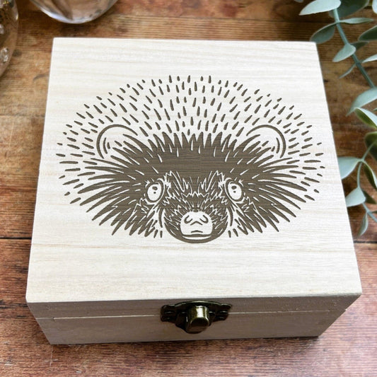 Hedgehog Illustration Engraved Wooden Trinket Jewellery Box Christmas Gift Birthday Present Woodland Animal Secret Santa