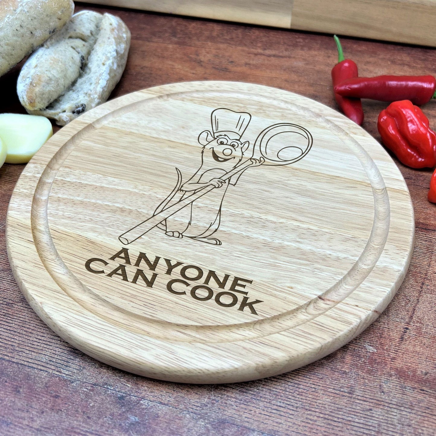 a cutting board with a picture of a cartoon character on it