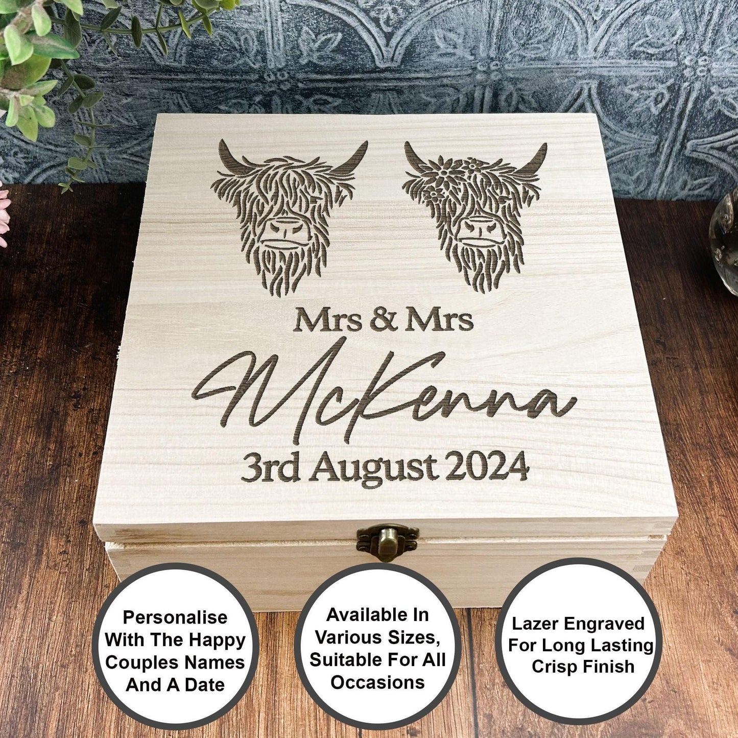 Mr & Mrs Highland Cow Personalised Wooden Memory Keepsake Box Wedding Gift