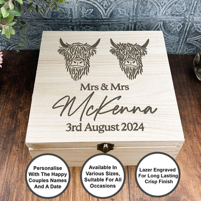 Mr & Mrs Highland Cow Personalised Wooden Memory Keepsake Box Wedding Gift
