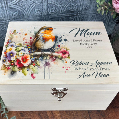Robin Watercolour Illustration Personalised Wooden Memory Box - Bereavement Gift