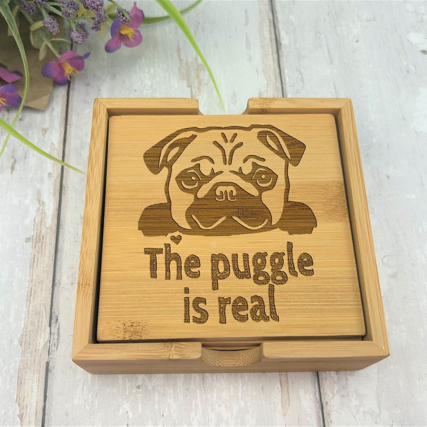 Pug Dog Engraved Bamboo Coaster Set New Home Décor House Warming Gift Christmas Gift Birthday Present Pug Life