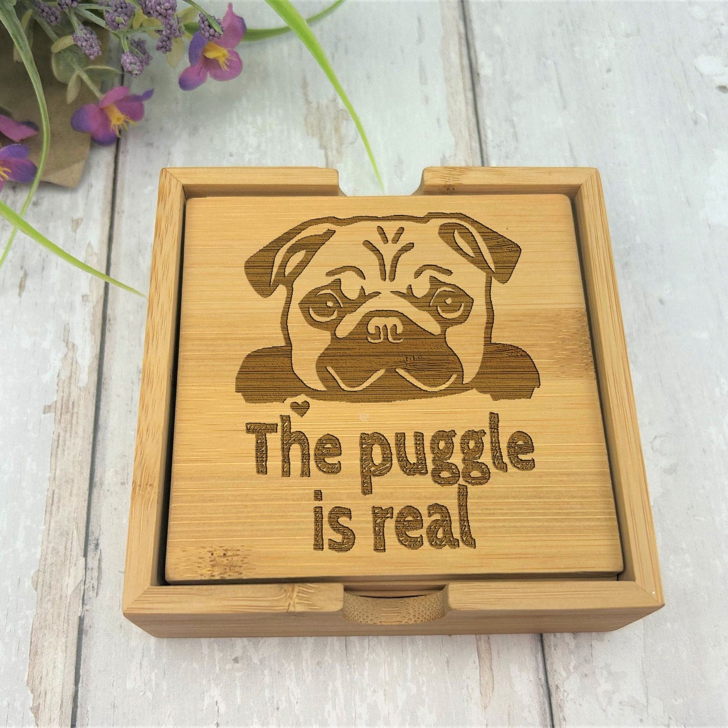 Pug Dog Engraved Bamboo Coaster Set New Home Décor House Warming Gift Christmas Gift Birthday Present Pug Life