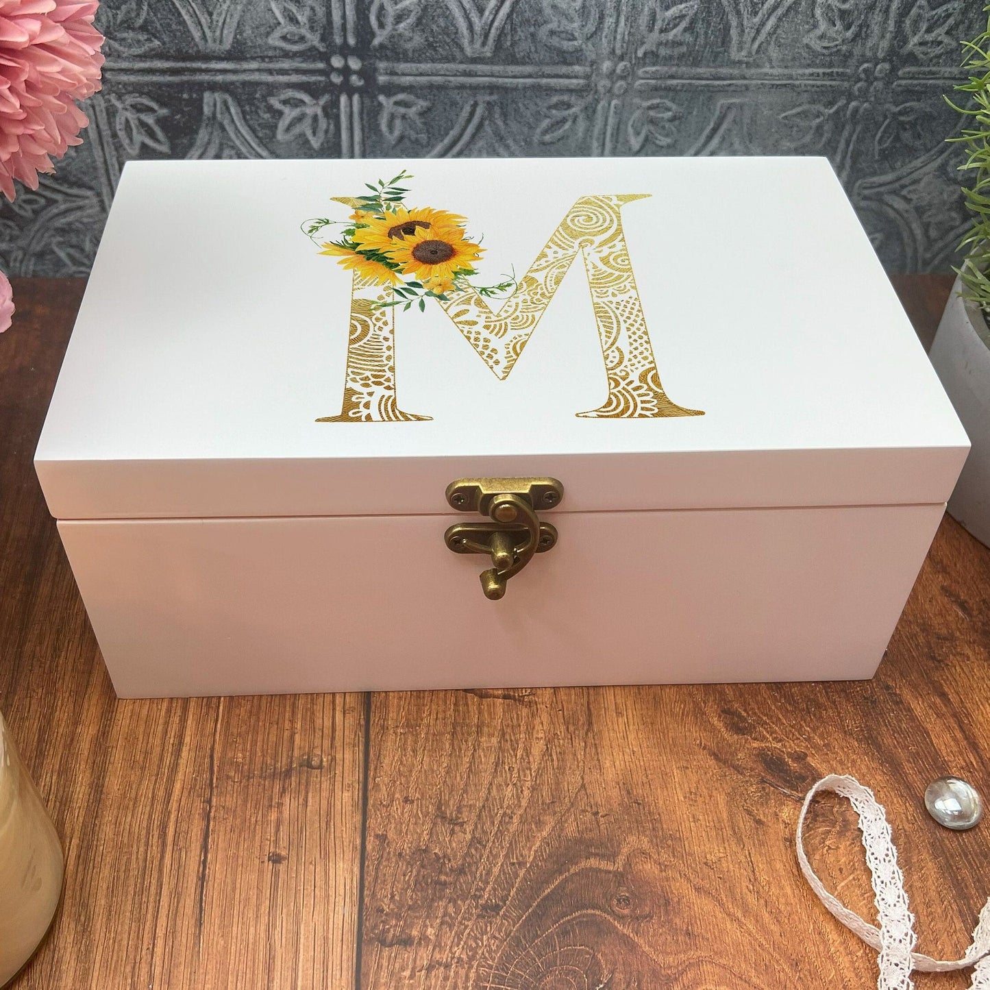 Sunflower Monogram Floral Initial Personalised Jewellery Trinkets Box - Birthday Gift