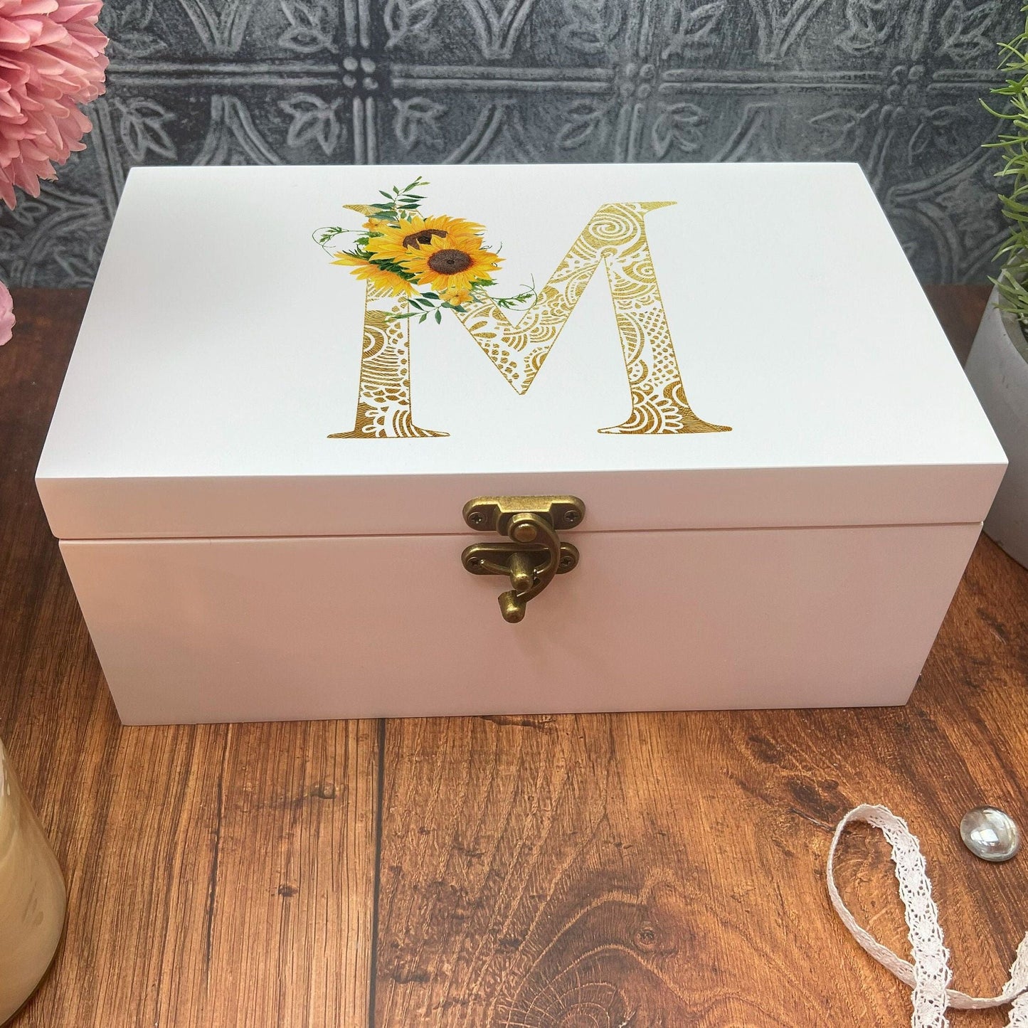 Sunflower Monogram Floral Initial Personalised Jewellery Trinkets Box - Birthday Gift