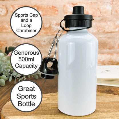 a white water bottle with a carabine on a wooden table