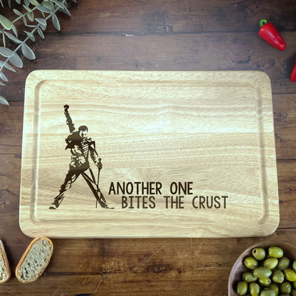 a wooden cutting board with a picture of a man holding a sword