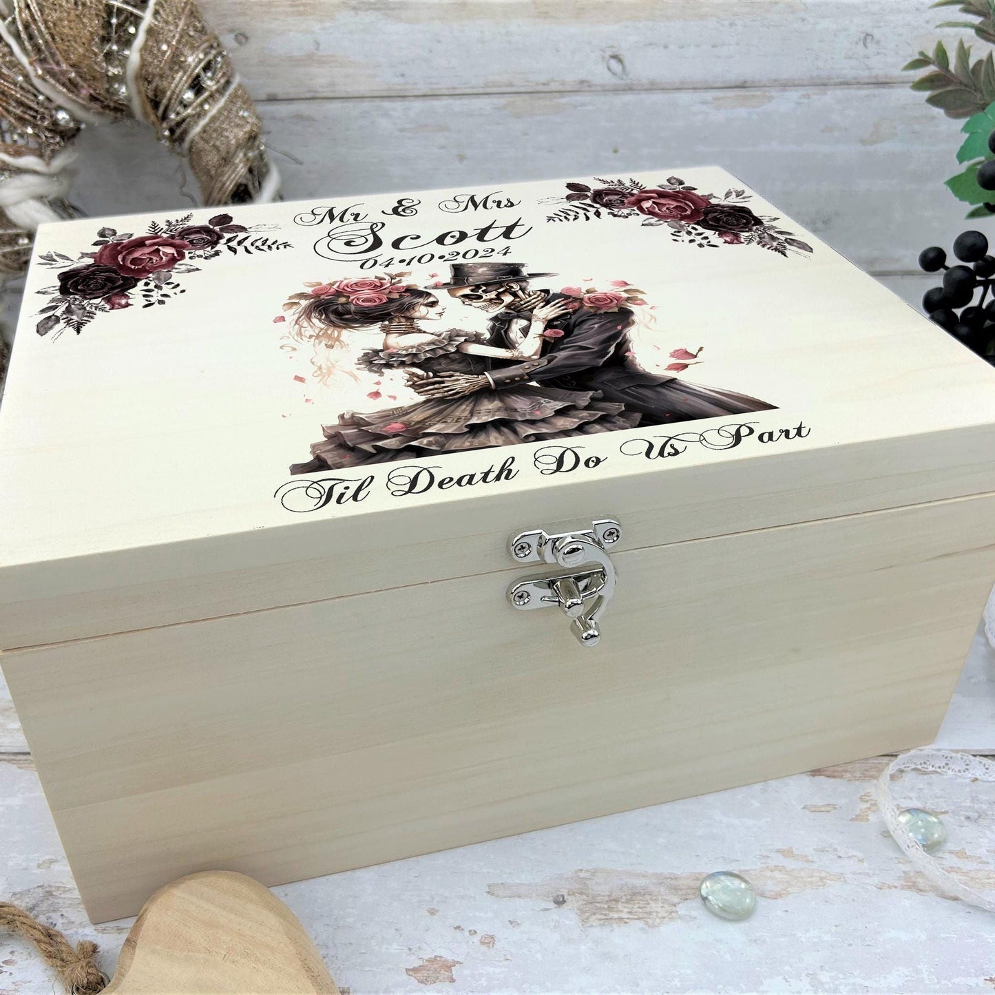 Gothic Skull Couple Personalised Wooden Memory Box - Wedding - Anniversary - Valentines - Memories & Keepsakes - Unique Unusual Present