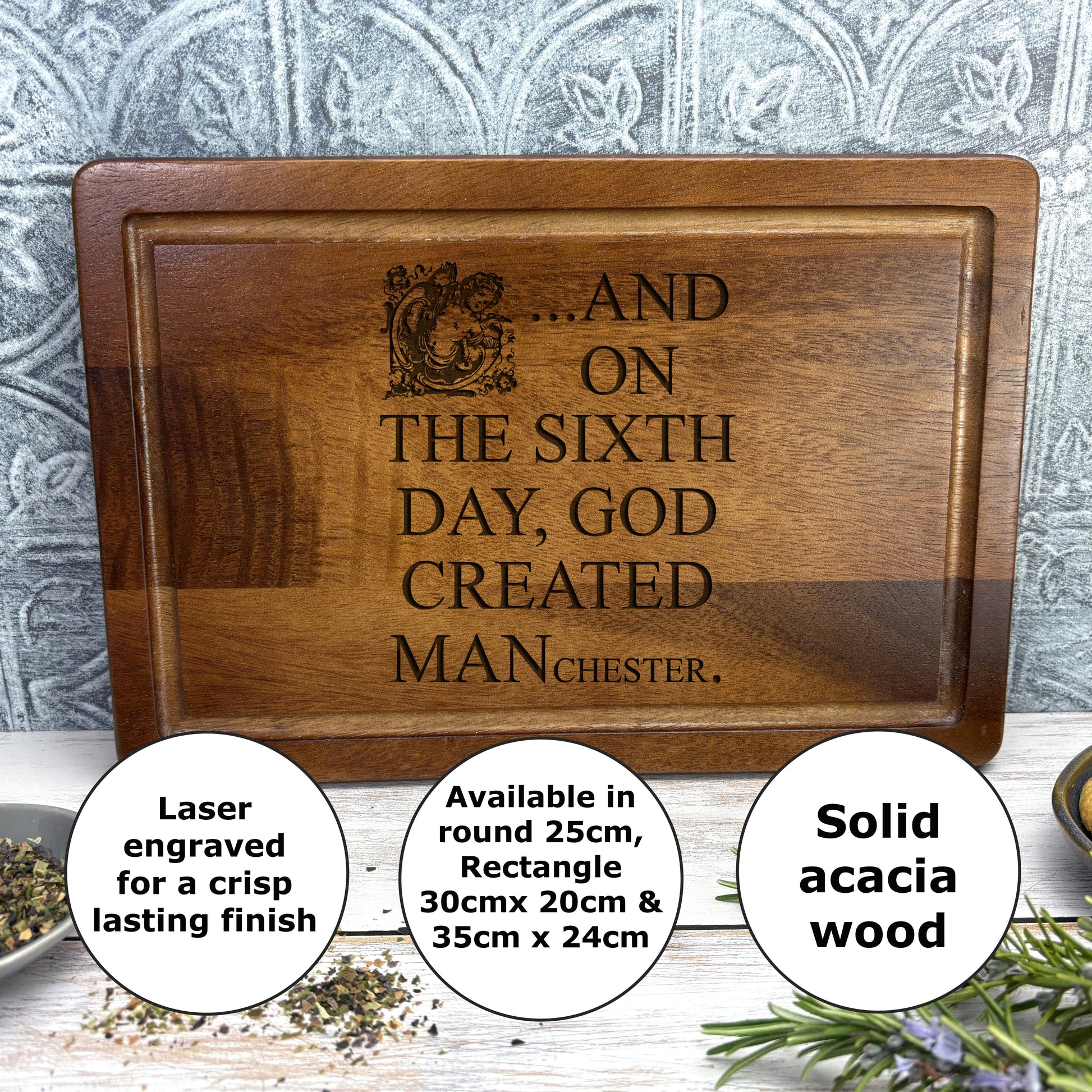 a wooden plaque that says and on the sixth day god created manchester