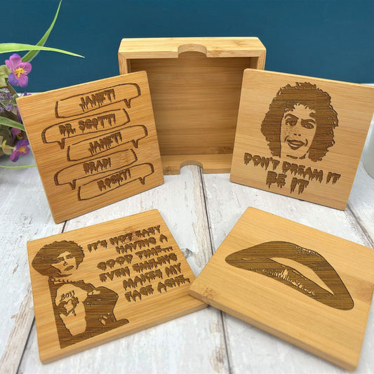 Rocky Horror Picture Show Tim Curry Engraved Bamboo Coaster Set New Home Décor House Warming Gift Christmas Gift Birthday Present