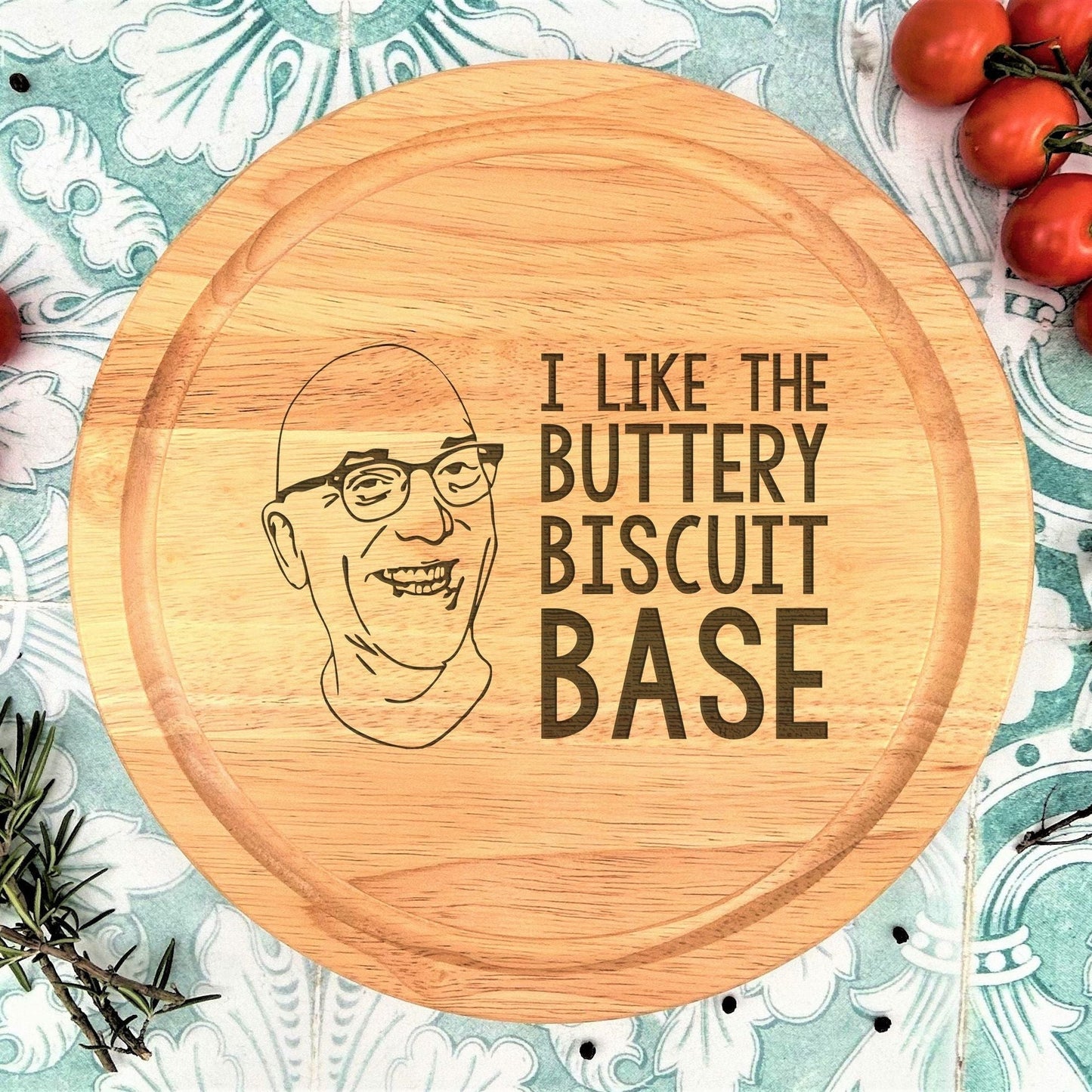 a cutting board that has a picture of a man on it