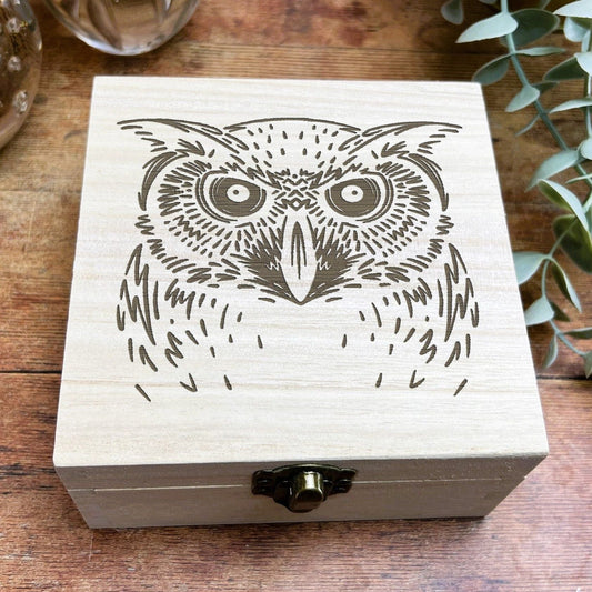 Owl Engraved Illustration Woodland Wooden Trinket Jewellery Box Christmas Gift Birthday Present Secret Santa