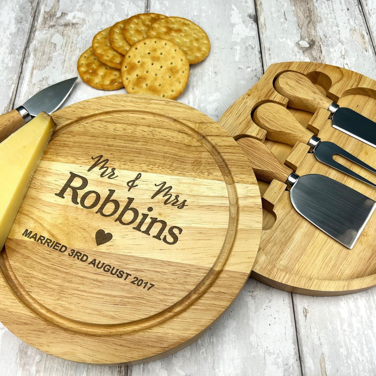 Mr & Mrs Personalised Cheese Board Set with Utensils - Wedding / 5th Anniversary - Wooden Engraved Personalised Gift