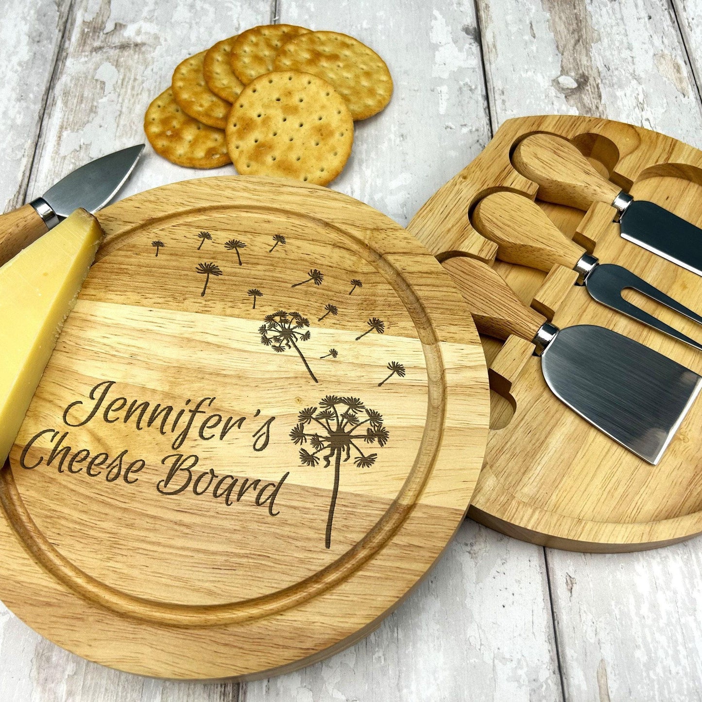 Dandelion Blowing Design Cheese Board Set with Utensils - Wooden Engraved Personalised Charcuterie Gift