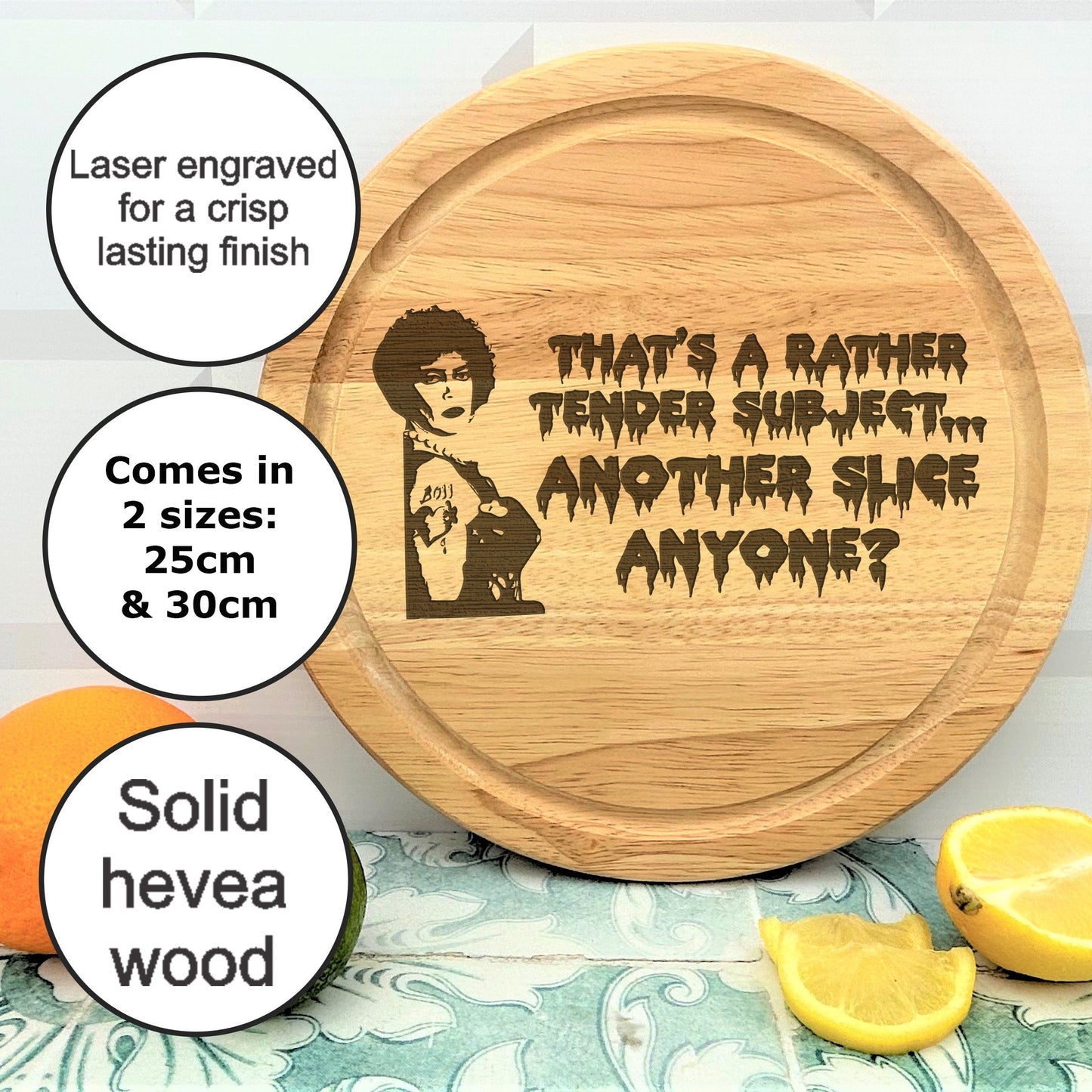 a wooden cutting board with a picture of a man on it