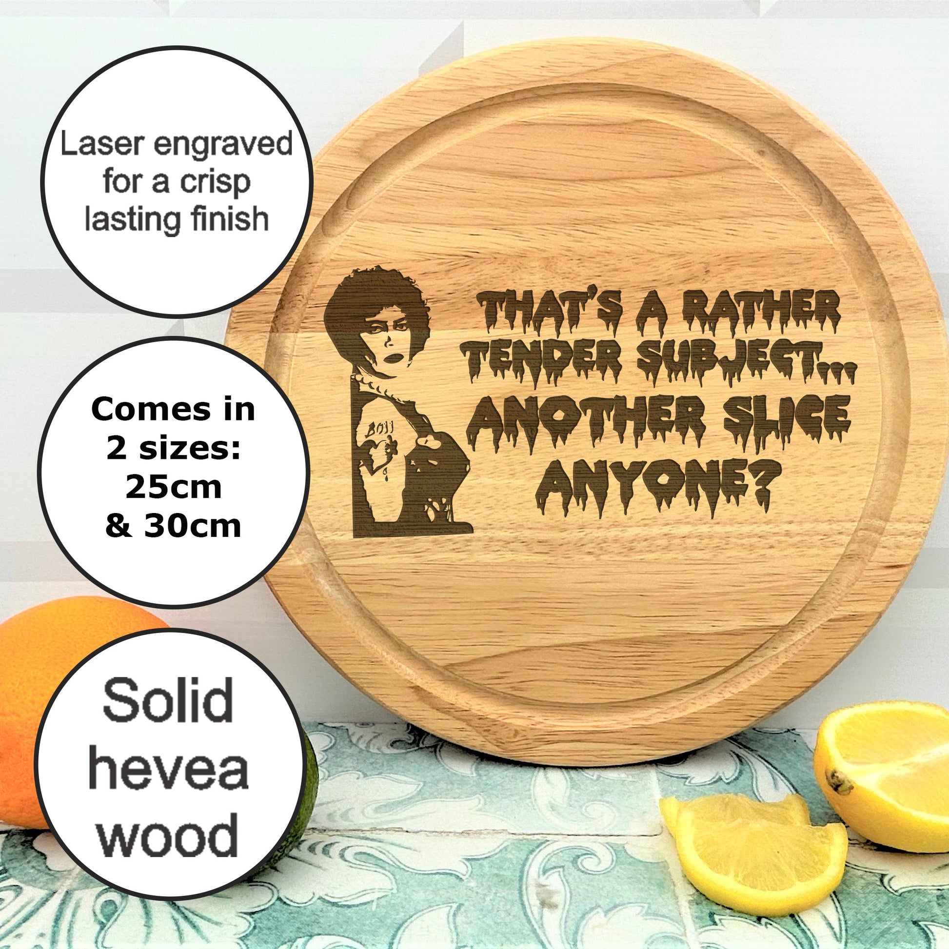 a wooden cutting board with a picture of a man on it