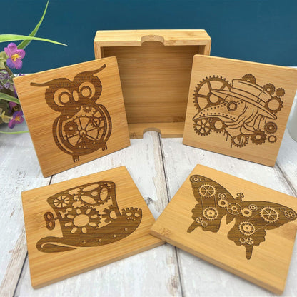 Steampunk Plague Doctor Owl Butterfly Hat Victorian Engraved Bamboo Coaster Set New Home Décor House Warming Christmas Gift Birthday Present