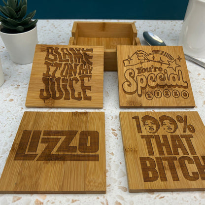 Lizzo Juice Truth Hurts Special Lyrics Engraved Bamboo Coaster Set New Home Décor House Warming Gift Christmas Gift Birthday Present